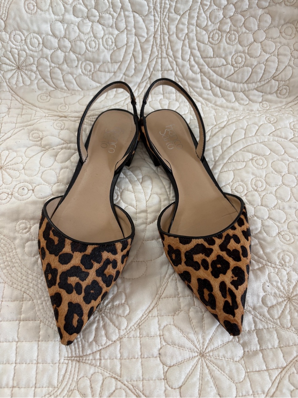 Leopard Print Pointed Slingback Flats - size 10